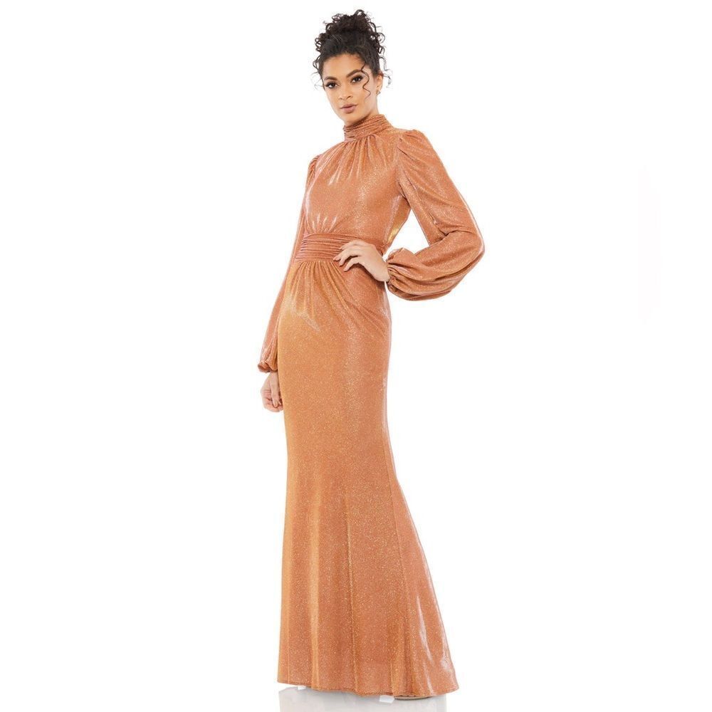 DRAPED GLITTER FABRIC HIGH NECK PUFF SLEEVE
TRUMPET GOWN/ size 16